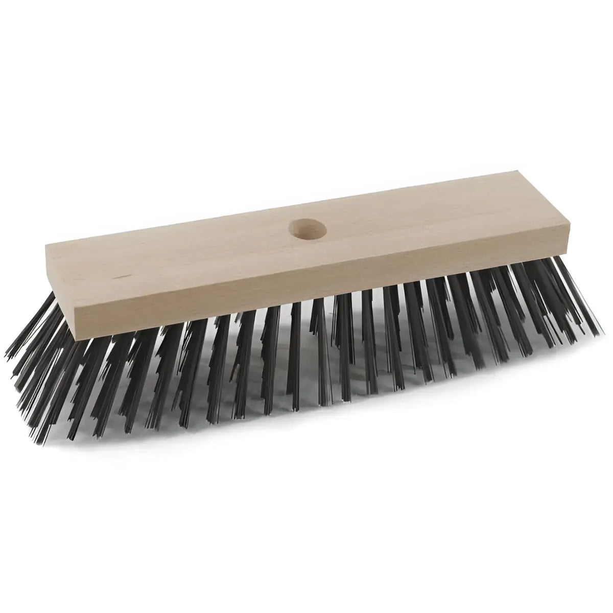 A sturdy wooden-handled sorex straßenbesen with dense black steel wire bristles and a handle hole 30 cm long