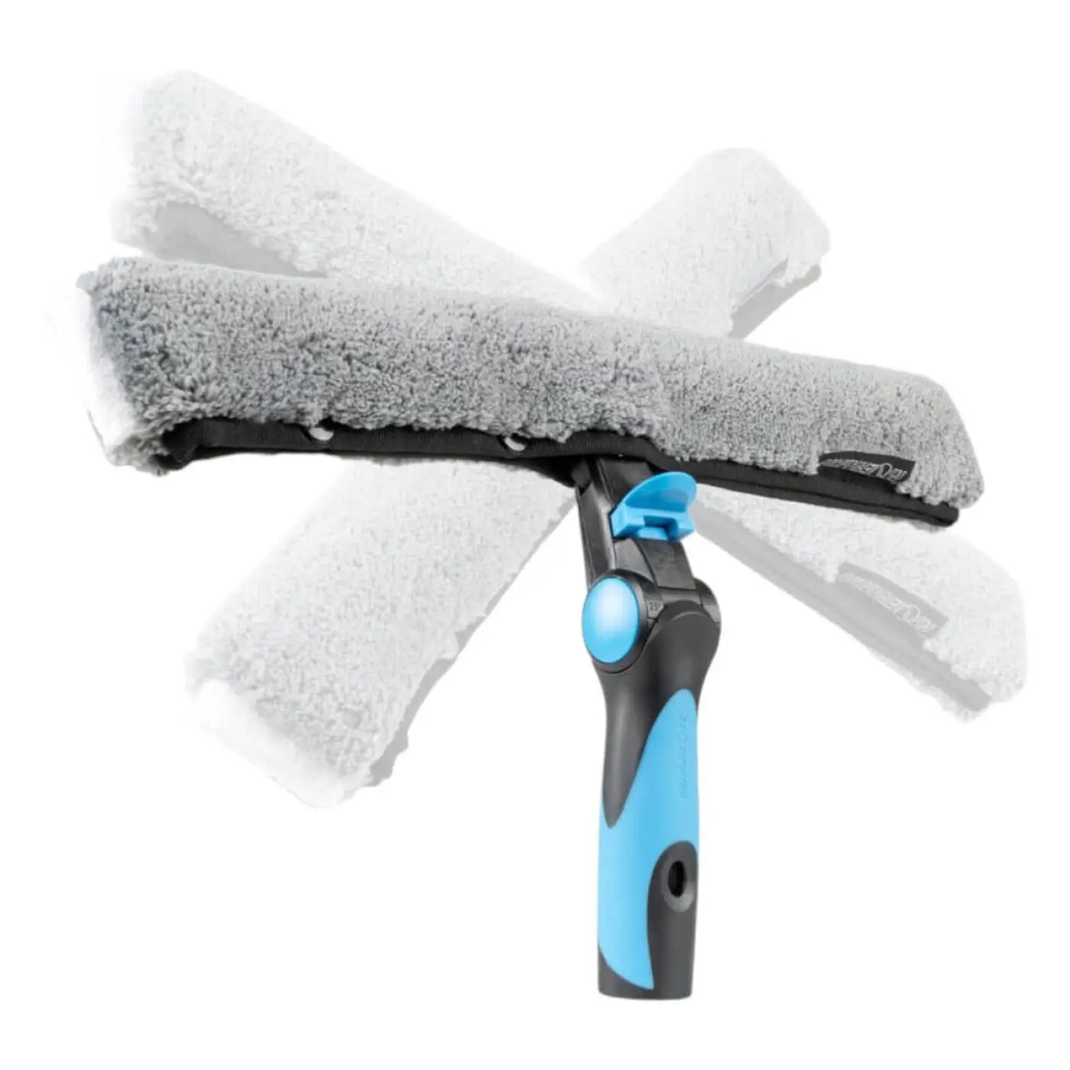 Blau-schwarzer ergonomischer griff mit grauem mikrofasertuch an der swivelmaster schwenkmaster t-stange fensterschieber
