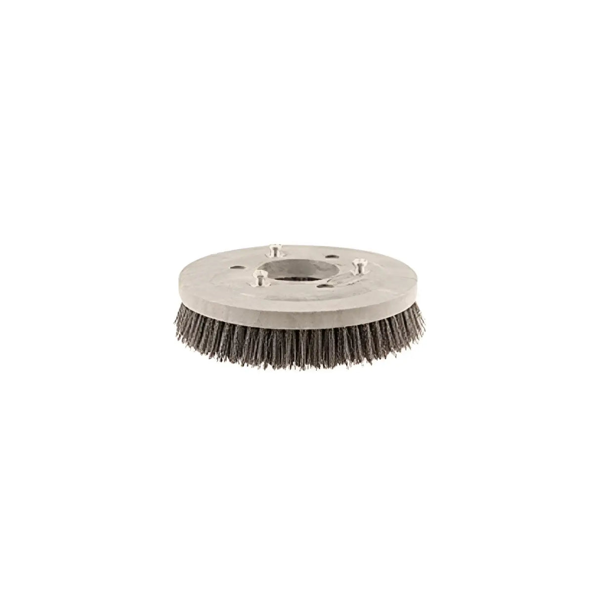 Grauer metall bodenbürste mit dichten dunklen stahlborsten und rundem montageplatte tenannt abrasive teller-schrubbbürste 30 cm t3