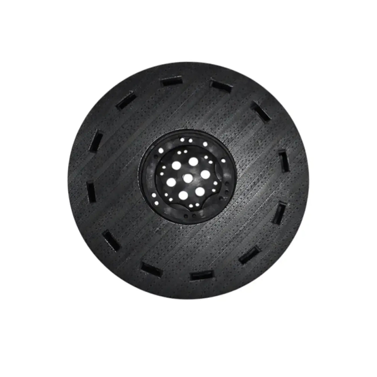 Schwarzer treibteller aus metall mit zentralem perforiertem hub und rechteckigen öffnungen für pads bis 480 mm tennant