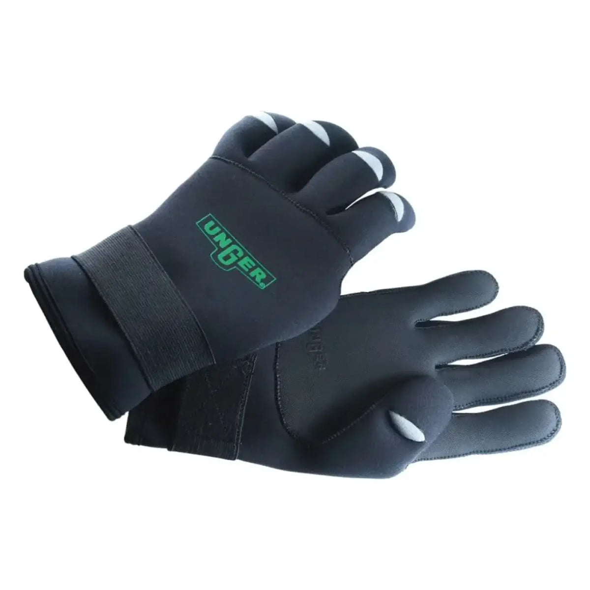 Black neopren tauchhandschuhe mit weißen fingertips und grünem unger logo auf der rückseite des handschuhs