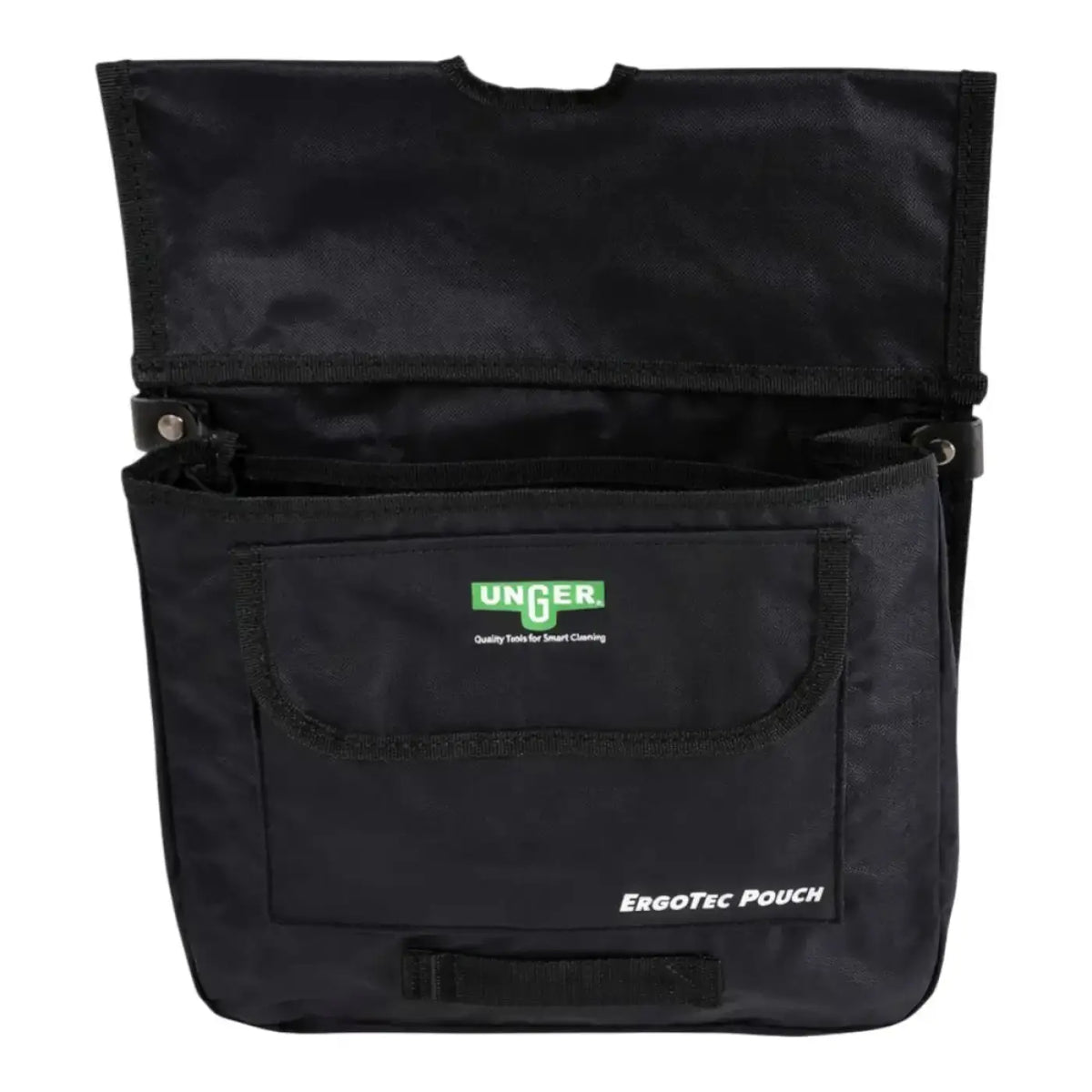 Schwarze unger ergotec tüchertasche bspou aus strapazierfähigem stoff mit grün-weißem branding