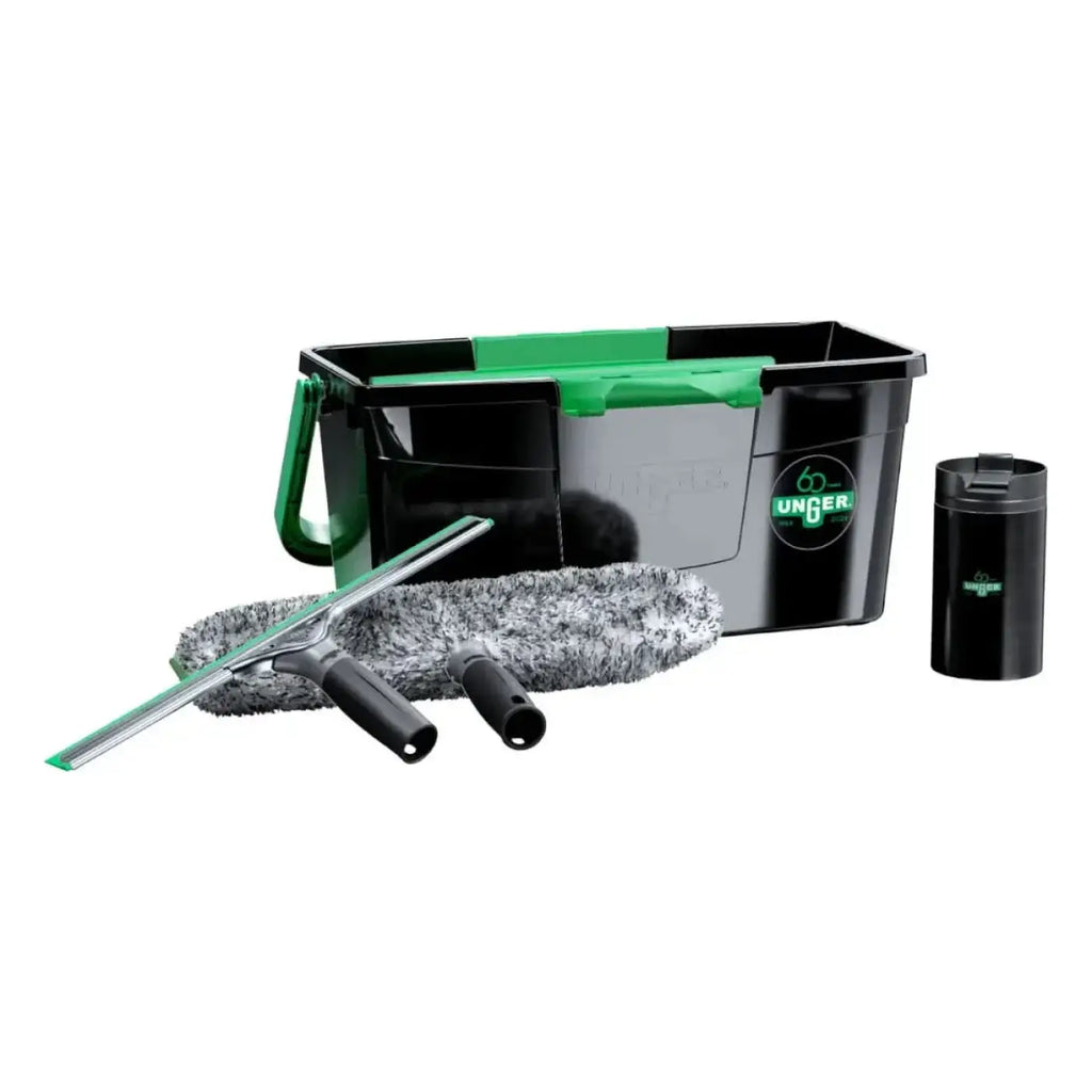 Unger glasreiniger-set 60 jahre limited edition ak60y mit schwarzem und grünem reinigungseimer, wischer, mikrofaserhandschuhen und kleinem behälter