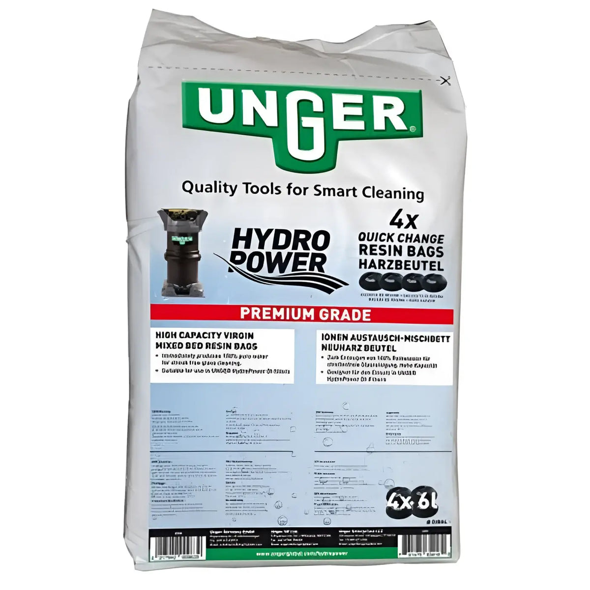 Ein weiß-grünes paket unger quickchange harzbeutel hydro power premium grade 4x 6 liter schnellwechsel bags