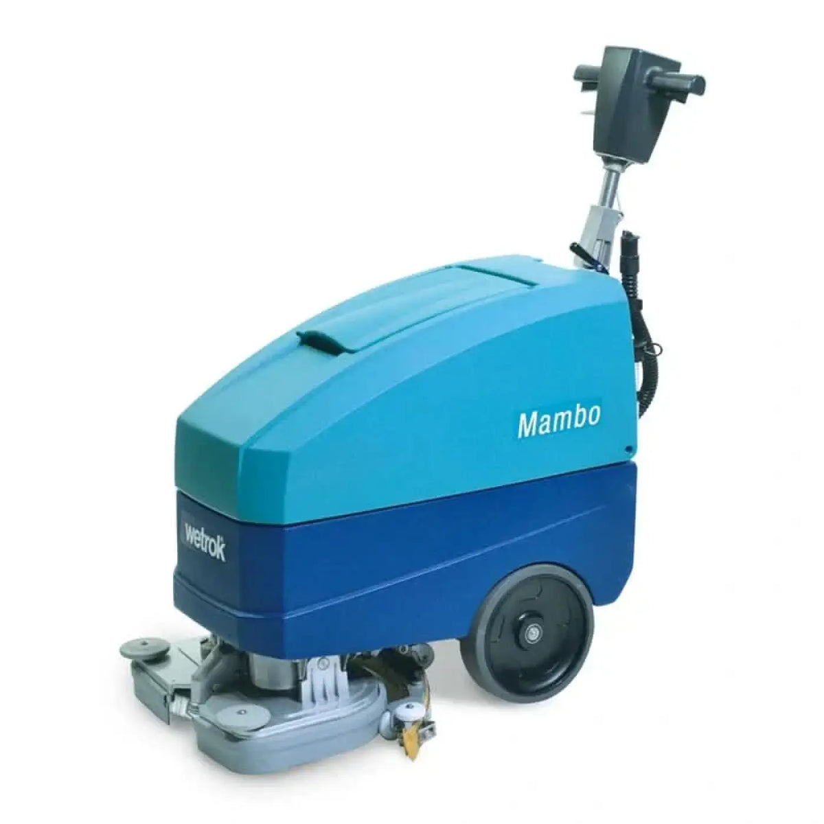 Wetrok discomatic mambo reinigungsmaschine blau und türkis mit schwarzem griff und rädern sichtbar von hinten