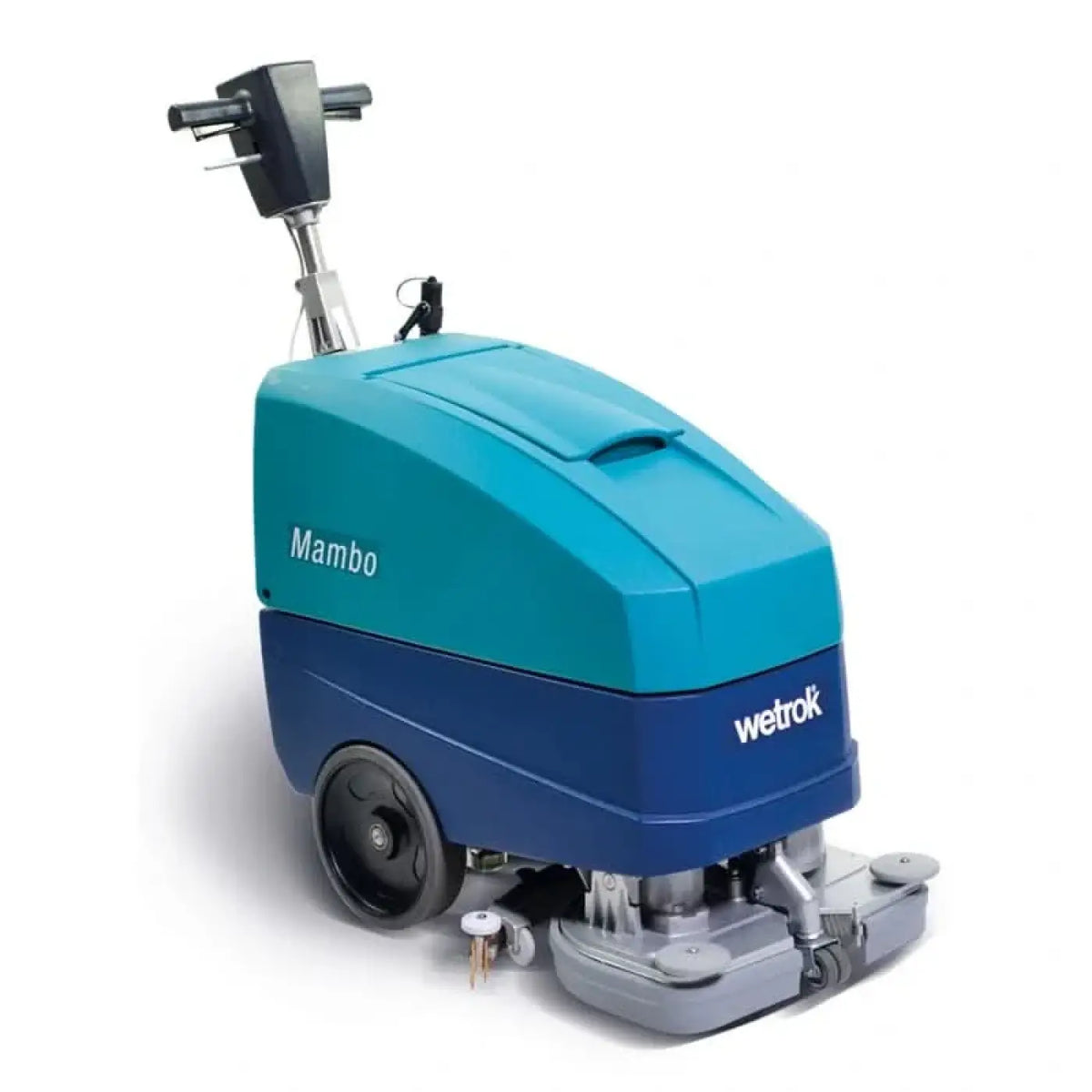 Teal und blaue wetrok discomatic mambo reinigungsmaschine bodenschrubber mit schwarzem griff und grauem reinigungskopf
