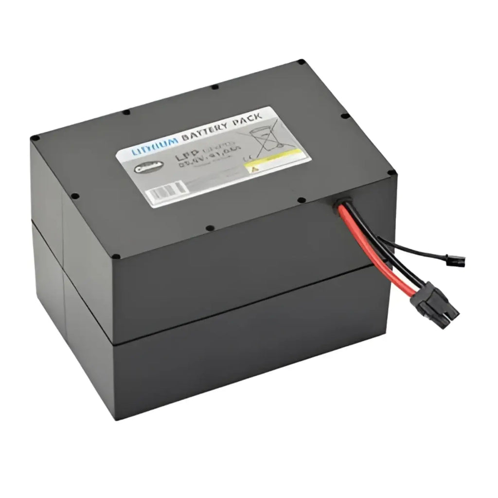 Schwarzer rechteckiger lithium-akku mit roten und schwarzen kabeln für wetrok duomatic endurer 60 standard pack