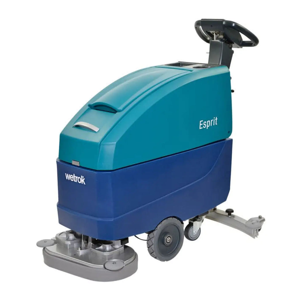 Teal und blaue wetronik esprit bodenreinigungsmaschine mit schwarzem lenkrad und grauem reinigungskopf für effizientes reinigen