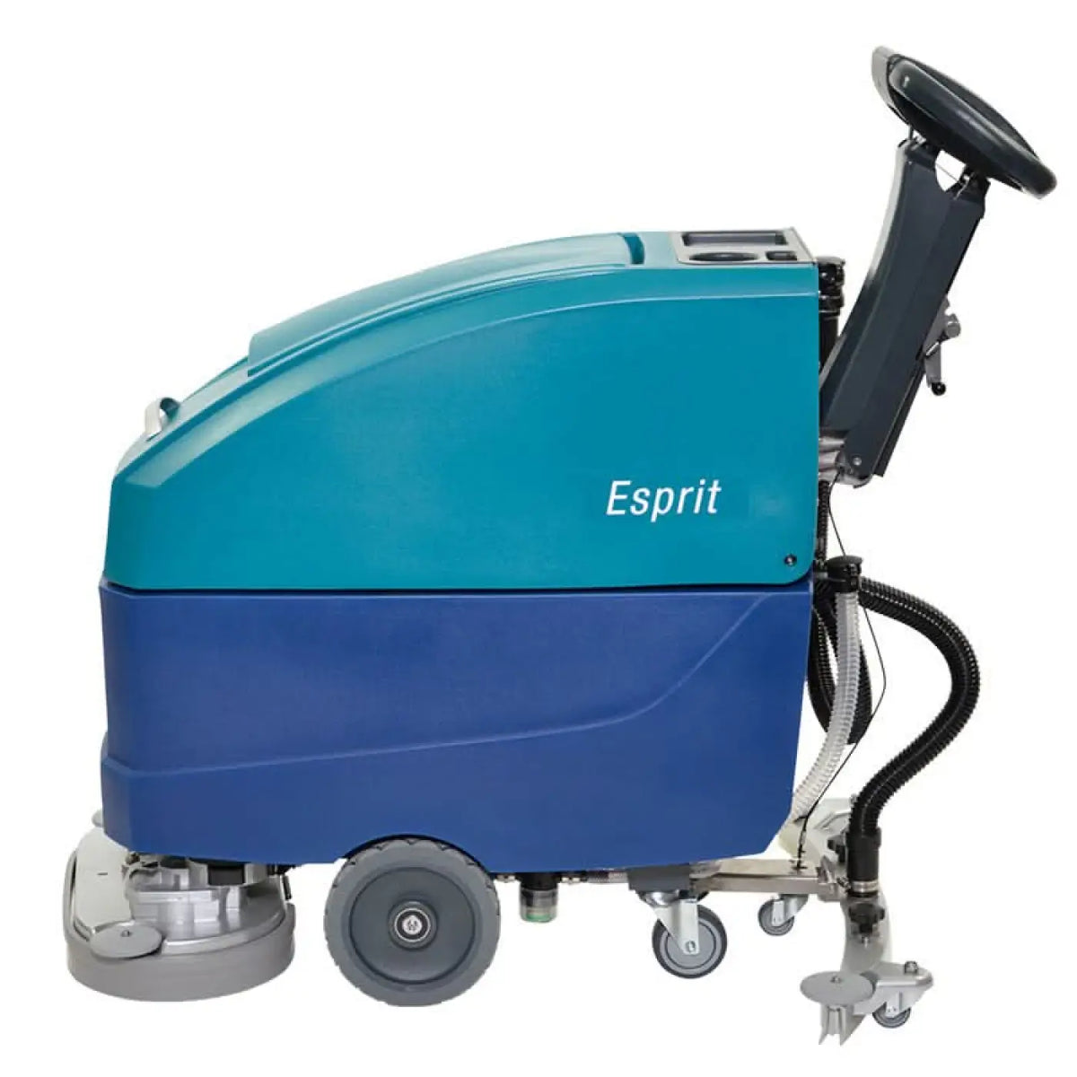 Teal und blaue industrielle bodenreinigungsmaschine wetrok duomatic esprit mit schwarzem lenkradgriff sichtbar von hinten