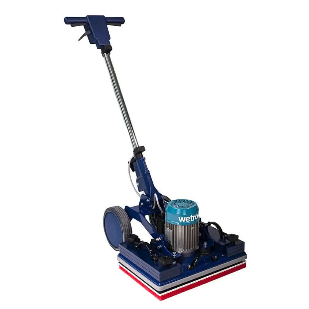 Wetrok durodisc x exzentermaschine blauer bodenpolierer mit türkisfarbenem motor und rot-weißen reinigungspads