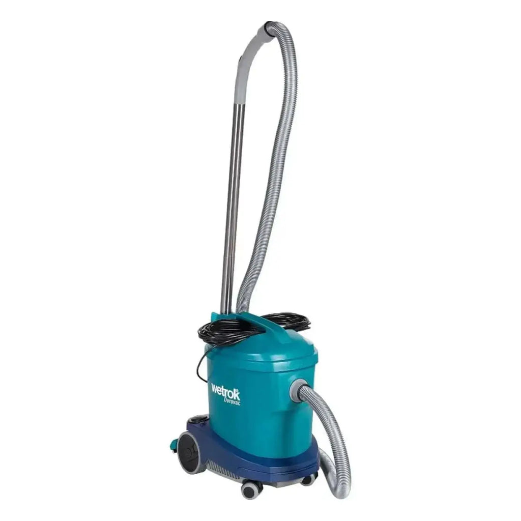 Wetrok duroVac 11 nass und trockensauger in teal und blau mit silbernem flexschlauch grauem griff und schwarzem netzkabel