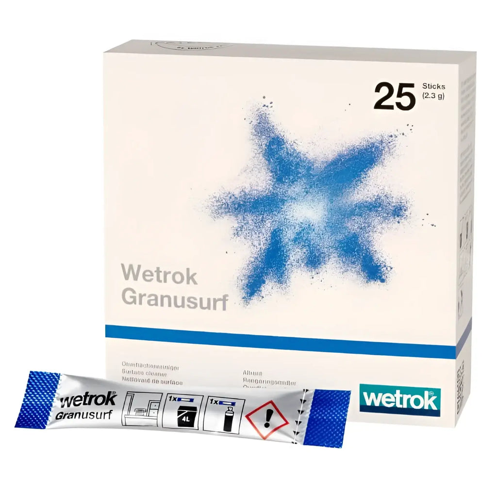 Weiße kartonverpackung mit blauer sternenexplosionsgrafik und wetrok granusurf oberflächenreiniger sticks mit 25 reinigungsstäbchen