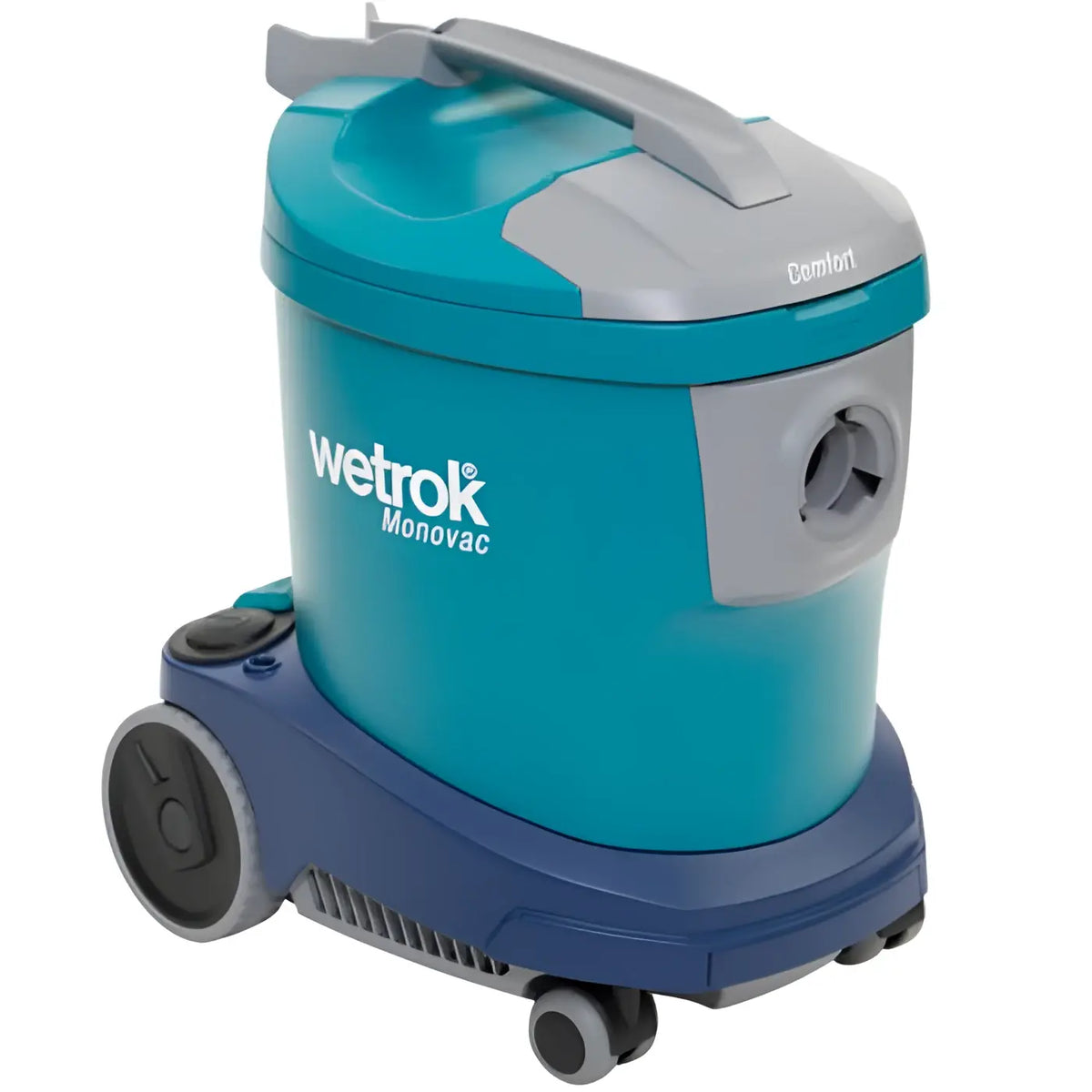 Teal und grau Wetrok Monovac Comfort 11 Staubsauger mit blauem Sockel und schwarzen Rädern, rückansicht