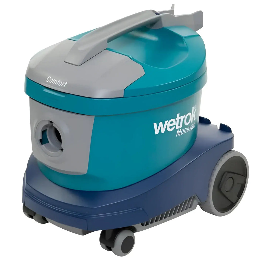 Teal und grauer Wetrok Monovac Comfort 6 Staubsauger mit blauem Sockel und Rädern für naß- und trockensaugen