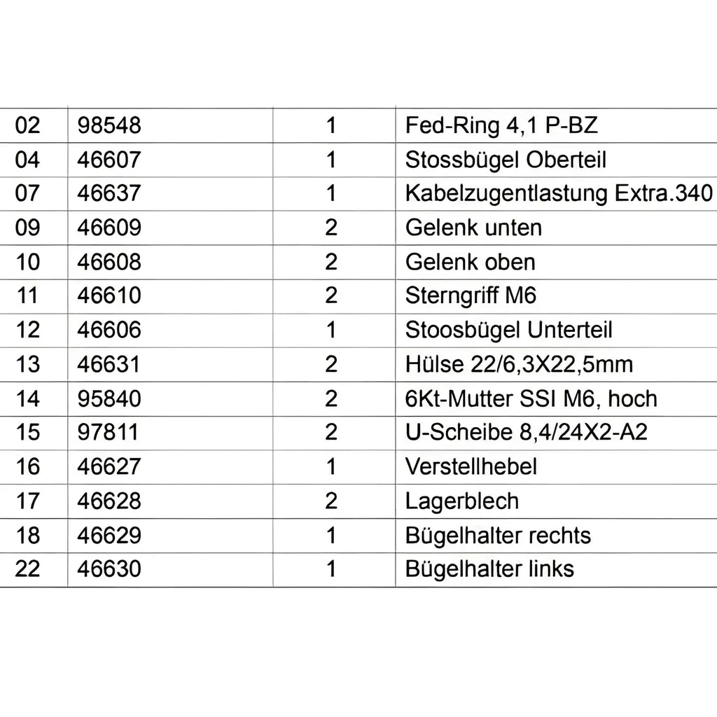 Technische teileliste für mechanische montage des wetrok sterngriff m6 extravac 340 reinigungsgeräts