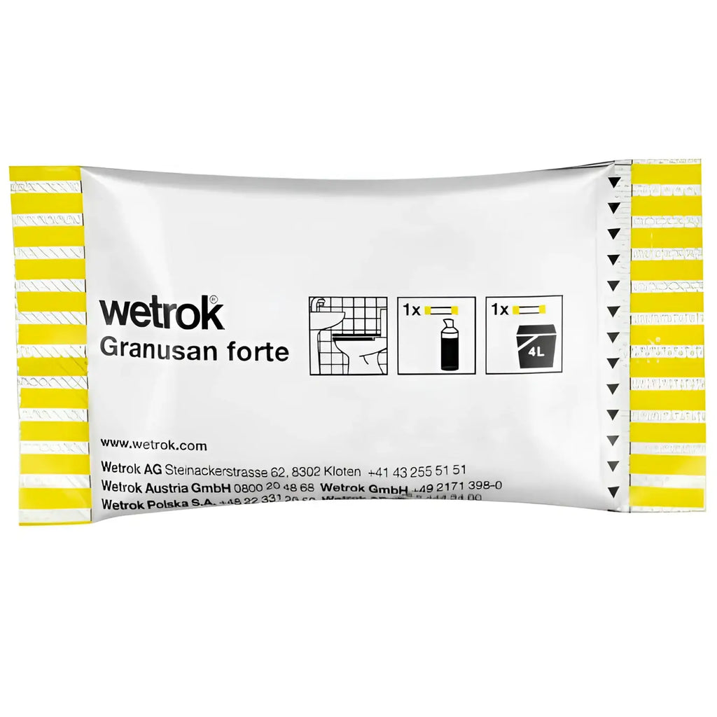Weiß und gelb verpackte wetrok granusan forte sanitärgrundreiniger sticks für intensive reinigung im sanitärbereich
